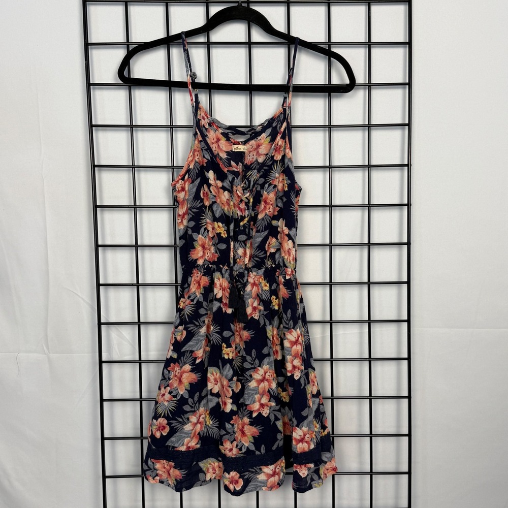 Hollister Floral Mini‎ Dress Womens Small Navy Blue Lace Up Tassel Tropical Boho